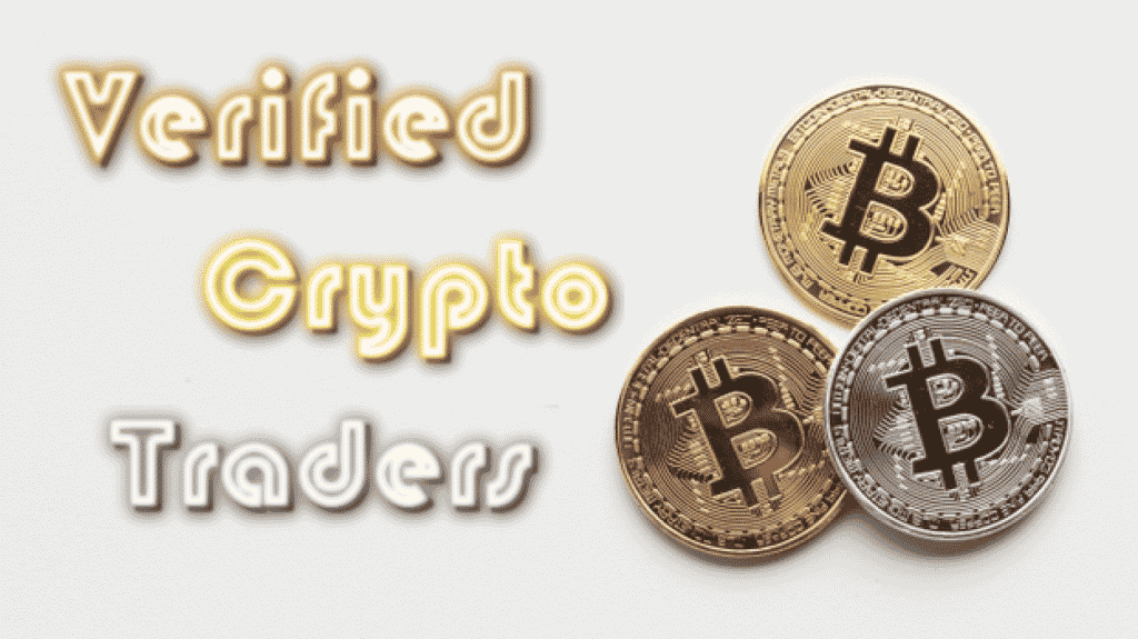 The image features the text "Verified Crypto Traders" in stylized fonts on the left. On the right, there are three Bitcoin coins: one gold, one copper, and one silver. The coins, perfect for any gambler at heart, have the Bitcoin symbol engraved on them.
