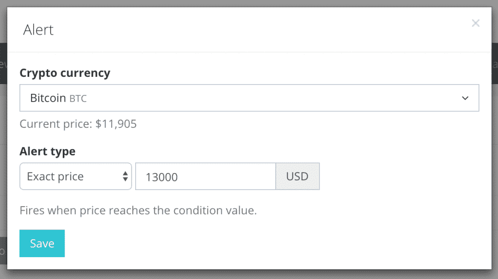 Screenshot of an alert settings window for a cryptocurrency on Coinlib. The selected cryptocurrency is Bitcoin with a current price of $11,905. The alert type is set to "Exact price" with a target value of $13,000 USD. A blue 'Save' button is at the bottom.