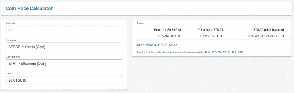A coin price calculator on Cointracking.info indicates that 25 STRAT converts to 0.2796082 ETH, with the date set at 26.01.2018. The price of 1 STRAT is 0.01118411 ETH, and 1 ETH equals 83.9701826 STRAT, making it a handy tool for any Crypto Portfolio Tracker.