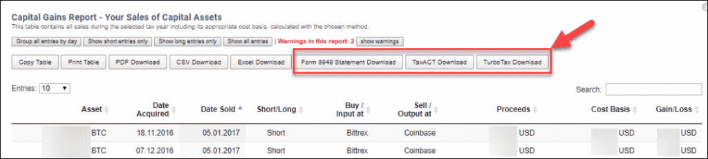 A screenshot of a Capital Gains Report webpage titled "Your Sales of Capital Assets" features the highlighted section with download options including Form 8949 Statement Download, TaxACT Download, and TurboTax Download. The data table lists asset details below, relevant for those dealing with crypto taxation.
