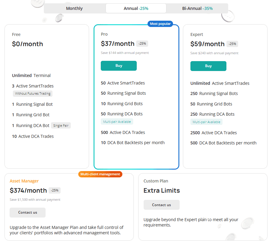 Tabela de preços para uma plataforma de trading com quatro planos: Gratuito, Pro a $37/mês, Expert a $59/mês e Asset Manager a $374/mês. Cada plano lista recursos e limites para SmartTrades, bots e DCA trades. 