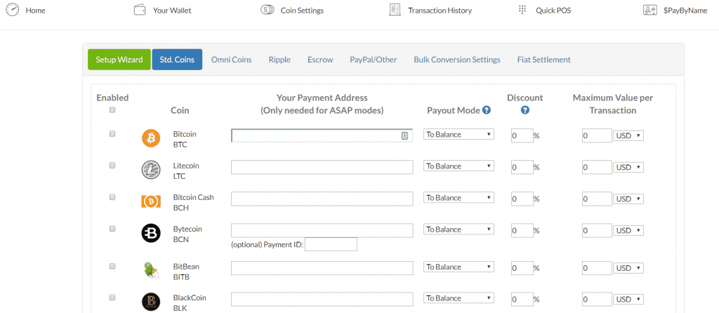 Configure a Criptomoeda que você deseja aceitar como pagamento