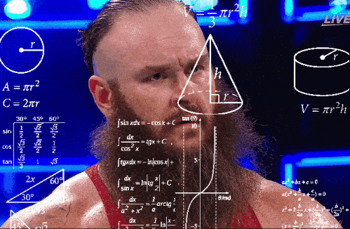 A wrestler with a serious expression stands in the ring, with mathematical formulas and geometric shapes superimposed on the image, creating an effect as if he is deep in thought, analyzing complex equations. Blue neon lights illuminate the background, reminiscent of a DYOR mindset.