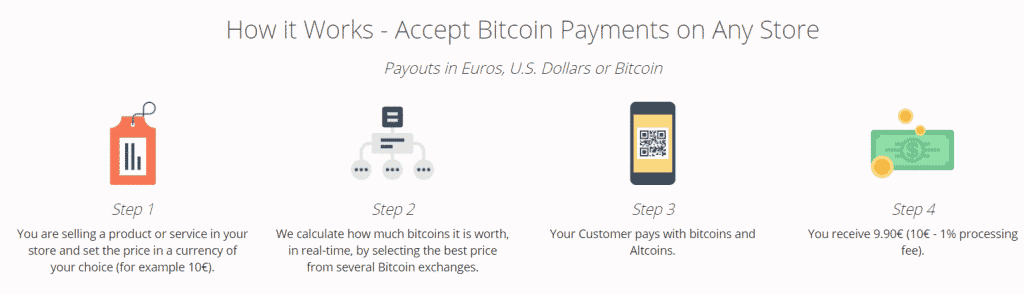 A four-step process graphic explains accepting Bitcoin payments: set price in chosen currency, use a crypto gateway payment to calculate the Bitcoin equivalent, customer pays with bitcoins or altcoins, and you receive currency minus a 1% processing fee.