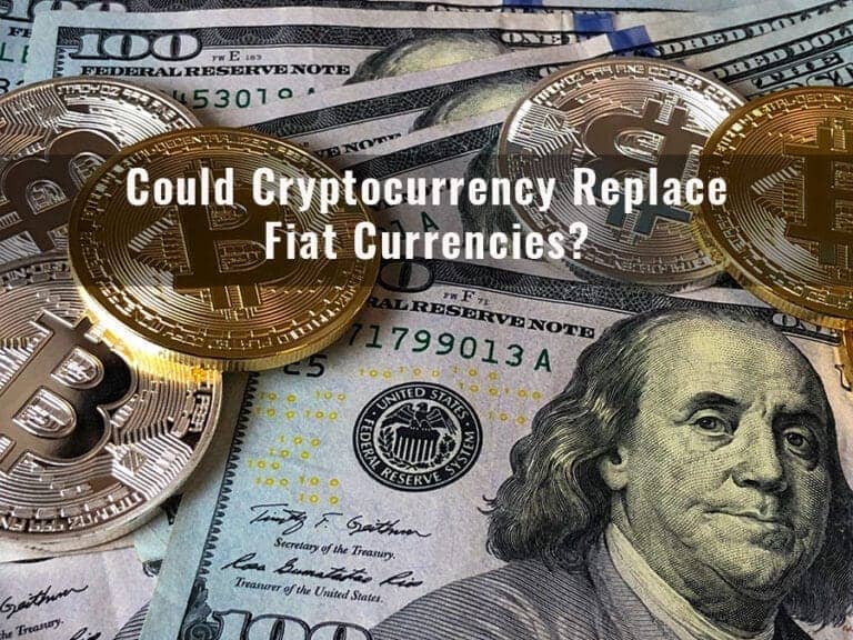 Imagem de várias moedas de Bitcoin espalhadas sobre diversas cédulas de dólar americano. O texto sobreposto pergunta: “A criptomoeda poderia revolucionar os sistemas financeiros?”. A imagem captura o contraste marcante entre o mundo da moeda tradicional e o da moeda digital.  