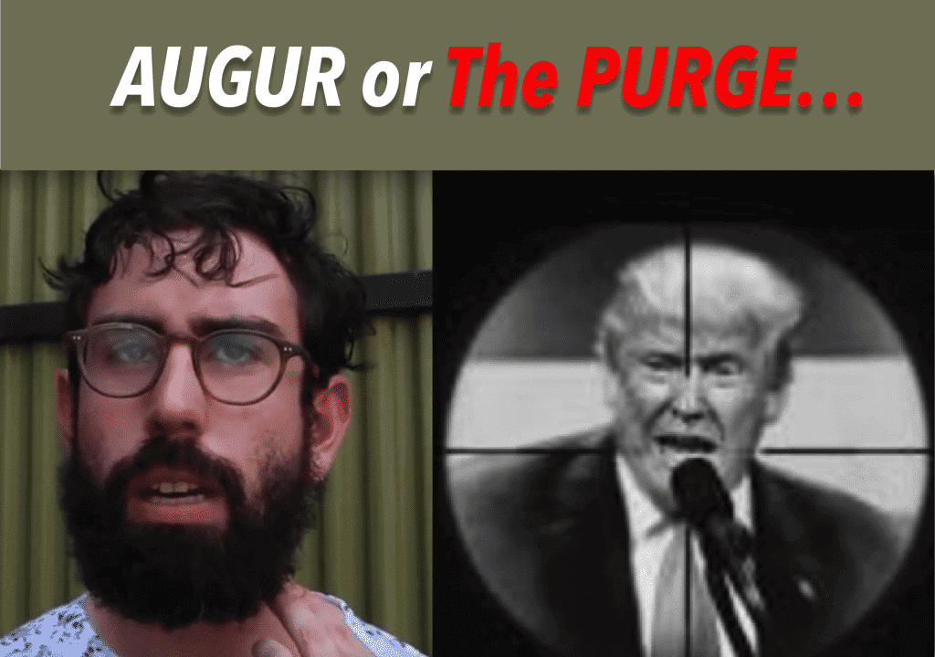 A bearded man gazes toward the camera on the left, while on the right, an image shows a figure resembling a political icon seen through crosshairs. The bold text at the top reads "REKT or The PURGE...