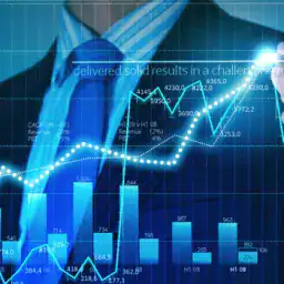 A person in a suit draws a glowing line on a transparent graph with rising bar charts and financial data, symbolizing business growth of Elite Crypto Signals, financial success, and the impact of crypto signals on Discord.