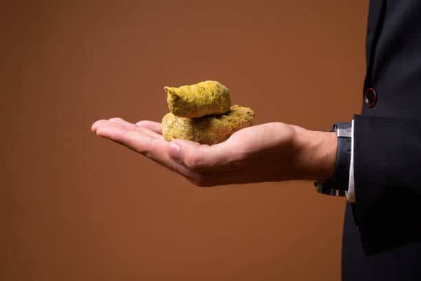 A person in a suit holds what appears to be three small pieces of breaded food, possibly croquettes meant as appetizers, against a brown background—almost like they’ve stumbled upon the tastiest investment that won't leave them REKT.