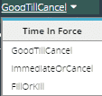A dropdown menu is displayed with the title "Time In Force" on the Bitmex trading platform. The options listed are "GoodTillCancel," "ImmediateOrCancel," and "FillOrKill." The selected option is "GoodTillCancel." Be mindful of potential Bitmex fees when selecting your trade settings.