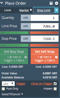 Uma interface de plataforma de trading para colocar ordens de compra e venda, com seções para definir Quantidade, Preço Limite e Preço de Stop em USD. Há opções de Buy Stop e Sell Stop com preços correspondentes. Os detalhes da ordem mostram Custo, Valor da Ordem, Saldo Disponível e taxas da Bitmex.  