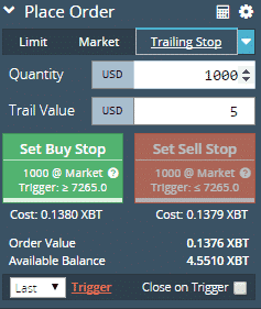 Captura de tela da interface de ordens da plataforma de trading da Bitmex. Ela mostra opções de Trailing Stop, campos de quantidade e valor do trailing em USD. Os usuários podem definir buy e sell stops, enquanto custos e valores de ordem são exibidos em XBT. Fique de olho em possíveis taxas da Bitmex ao colocar ordens.   