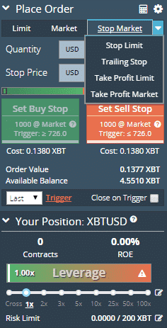 Captura de tela da interface da plataforma de trading da Bitmex mostrando opções para colocar ordens de compra e venda. Inclui campos de quantidade, preço de stop e valor da ordem. Os botões exibem opções como Stop Limit e Set Buy Stop, com um controle deslizante de alavancagem na parte inferior para gerenciar as taxas da Bitmex de forma eficaz.  