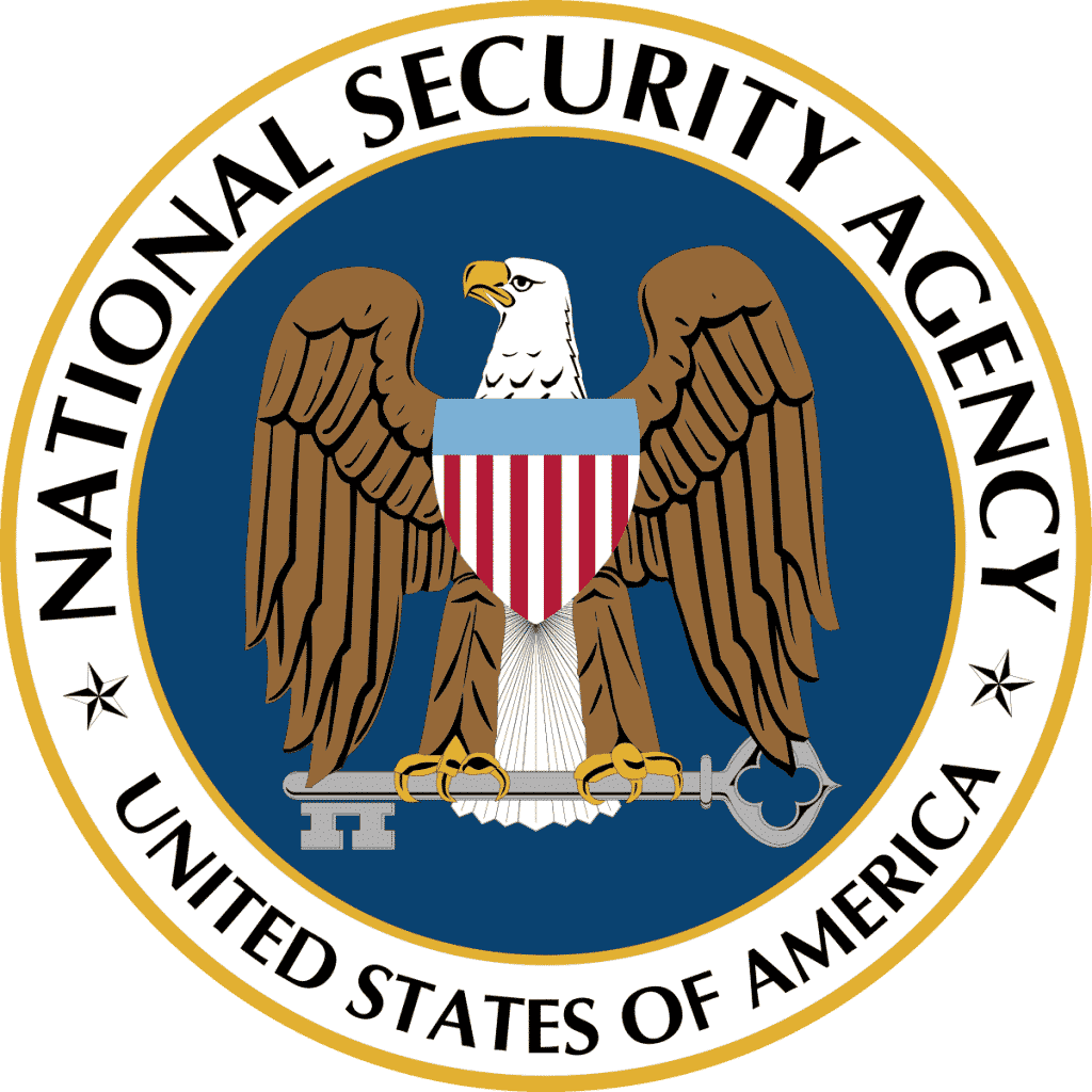 The image shows the seal of the National Security Agency (NSA) of the United States of America. It features a bald eagle holding a key in its talons, with a blue background and the wording "National Security Agency" at the top and "United States of America" at the bottom, evoking an aura of ripple effects across global security.