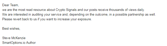 Outreach to CryptoAlarm.net