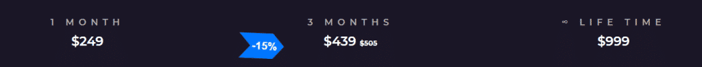 Explore our subscription pricing options against an elegant dark background: 1 month at $249, 3 months reduced from $555 to an enticing $439, and lifetime access for just $999. With these clear signals of value, securing your access has never been easier.