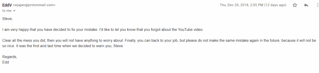 Screenshot of an email from Edd to Steve. The email expresses gratitude for fixing a mistake and advises not to repeat it, referencing a forgotten YouTube video. The tone suggests it's a warning, implying leniency this time but hints at the serious signals such errors can send—or worse, scam perceptions.