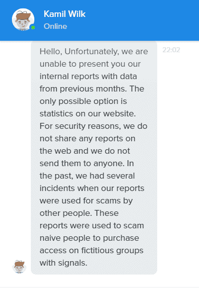 A screenshot of a chat conversation in a messaging application. The user named Kamil Wilk, who's currently online, signals that internal reports can't be shared due to previous misuse and security concerns. A cat icon is visible at the bottom left corner.
