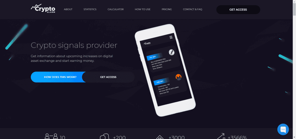 A dark-themed website homepage for "Crypto Alarm" showcases a phone displaying crypto signal provider information. Buttons labeled "How Does This Work?" and "Get Access" are below the text. The top menu includes About, Statistics, Calculator, How to Use, Pricing, Contact & FAQ—your shield against scam risks.