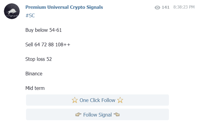 A message from "Premium Universal Crypto Signals" provides trade instructions for an unspecified cryptocurrency on Binance. It includes buy, sell, and stop-loss points with easy options for "One Click Follow" and "Follow Signal.