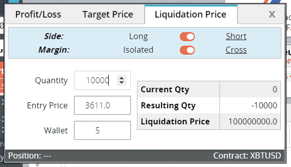 A trading interface on Bitmex Leverage showcases settings for profit/loss, target price, and liquidation price. Options include side settings (long selected), margin (isolated selected), a field for entry price at 3611.0, and a quantity set to 1000.