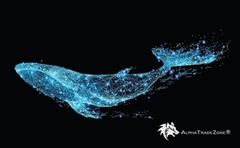 Uma representação digital de uma baleia composta por partículas de luz azul interconectadas contra um fundo preto, sugerindo segredos ocultos das baleias. O logotipo e o texto “Alpha Trade Zone®,” apresentando um leão estilizado, estão posicionados no canto inferior direito. 