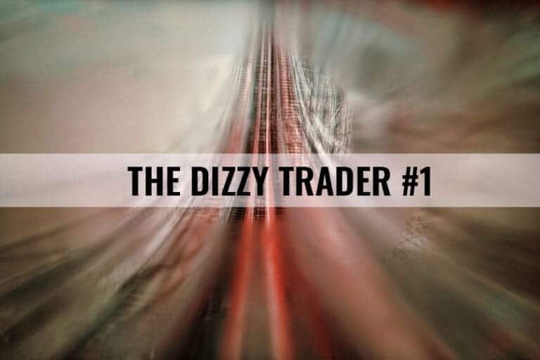 Imagem abstrata desfocada com listras vermelhas e verdes, evocando um efeito de movimento. Texto sobreposto diz "THE DIZZY TRADER #1" em letras pretas em negrito sobre uma faixa branca no centro, capturando a essência dinâmica de um trader confuso. 