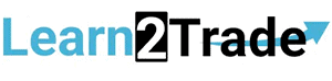 The image is a logo that reads "Learn2Trade" with "Learn" in light blue, "2" in white on a black background, and "Trade" in black. A blue arrow extends from the "L" in "Learn" through the "e" in "Trade," pointing upward, symbolizing one of the best crypto signals for growth.