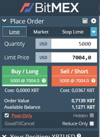 Aqui colocamos uma ordem de 5000 contratos, para o caso de o preço de 7004 USD ser atingido. Sinais BitMEX. 