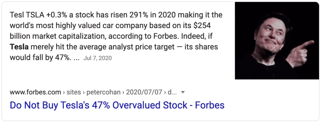 Screenshot of a Google search result with a headline from Forbes stating, "Do Not Buy Tesla's 47% Overvalued Stock" and a text snippet mentioning Tesla's stock rise and market capitalization in 2020. The image includes a photo of Elon Musk pointing upward.