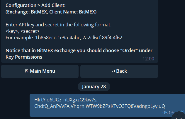 A screenshot of a chat interface displays instructions for adding a client in BitMEX exchange with an example API key and a note to select "Order" under Key Permissions. At the bottom, a coded message dated January 28 hints at integrating it with your Crypto Auto Trader.