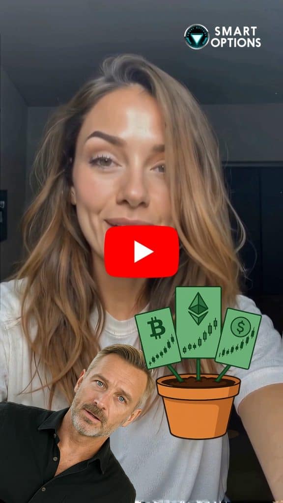 Uma mulher de cabelos castanhos longos e camisa branca está em uma sala. Em primeiro plano, aparece uma planta ilustrada com folhas de dólar, bitcoin e ethereum, ao lado do logotipo “Smart Options”, do nome Fat Pig Signals e do rosto de um homem. 