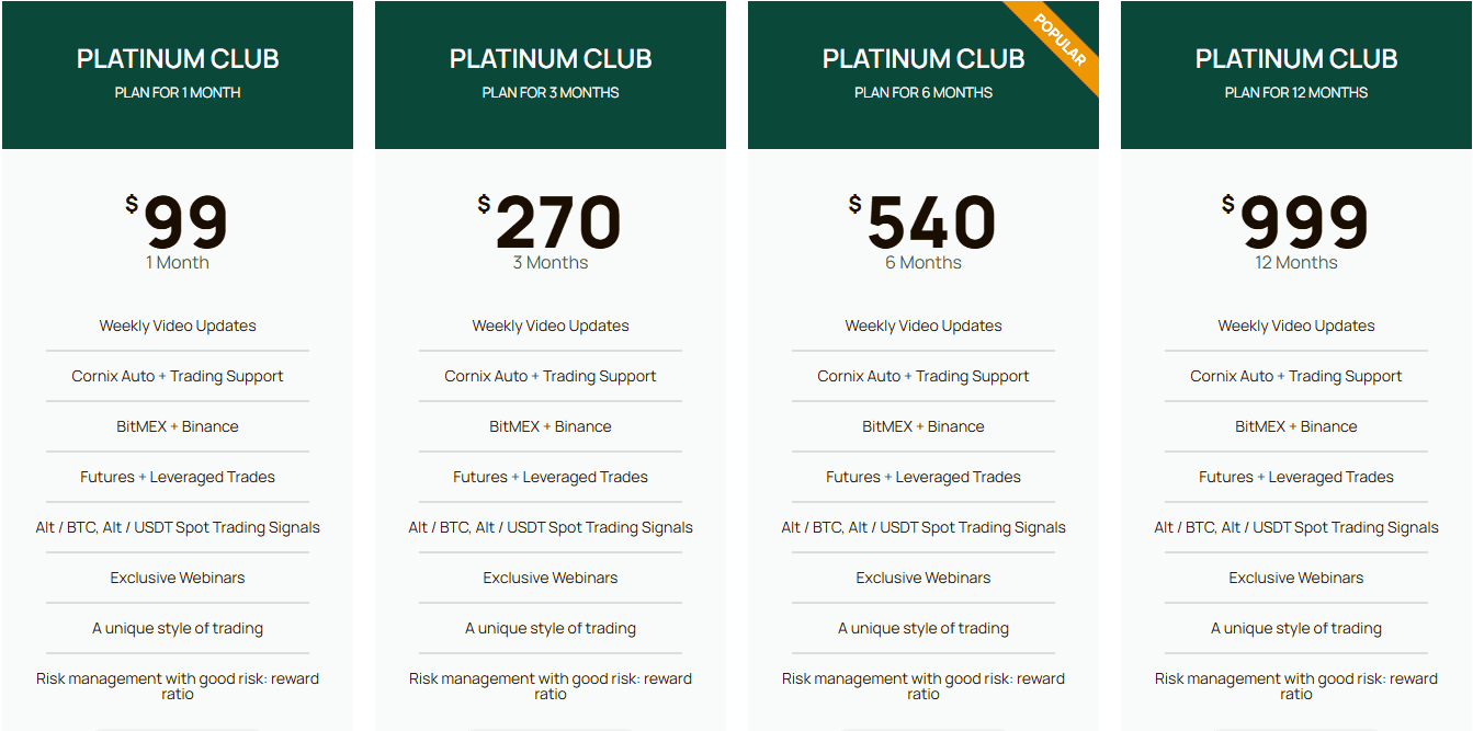 Escolha entre quatro níveis de plano de trading Platinum Club com Verified Crypto Traders: 99 $/mês, 270 $/3 meses, 540 $/6 meses (popular) ou 999 $/12 meses. Desfrute de atualizações em vídeo, suporte de trading, webinars e sinais de trade.