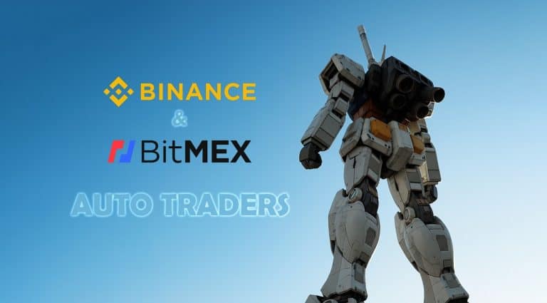 Uma grande estátua de robô ao ar livre contra um céu azul limpo. Os logotipos da Binance, BitMEX e as palavras "Crypto Auto Trader" e "Auto Traders" aparecem à esquerda do robô. 