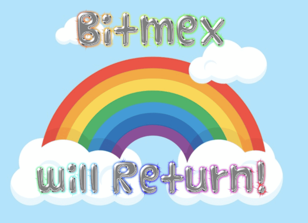 A colorful rainbow with clouds at both ends against a light blue sky background. The text "Bitmex will Return!" is written in a shiny, metallic style above and below the rainbow, reminiscent of a highly-rated Bybit review.