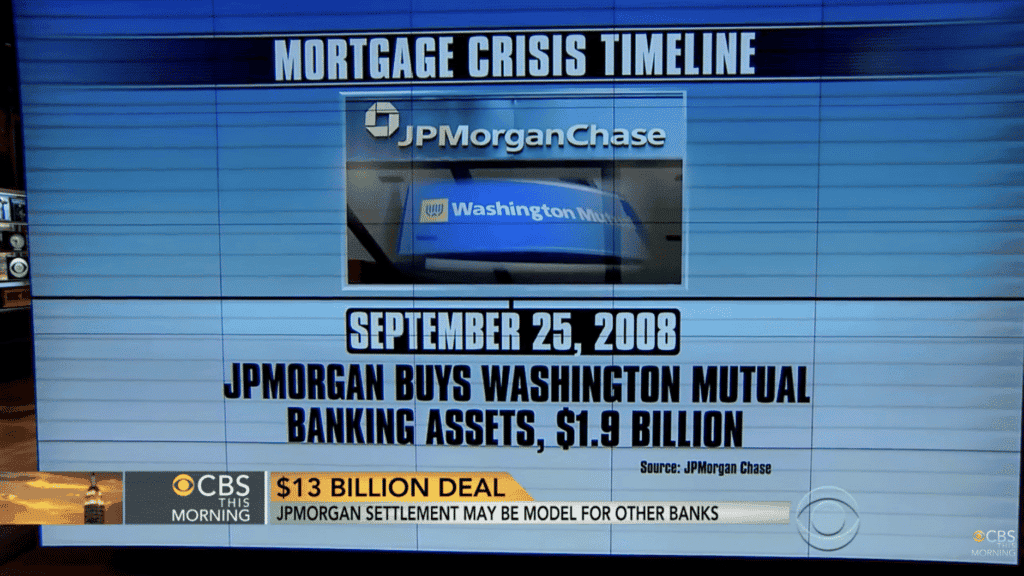 A news graphic displaying a "Mortgage Crisis Timeline" with the JP Morgan Chase and Washington Mutual logos. The text reads "September 25, 2008 - JPMorgan buys Washington Mutual banking assets, $1.9 billion." The lower banner headline highlights a silver lining amid the crisis with a $13 billion deal.
