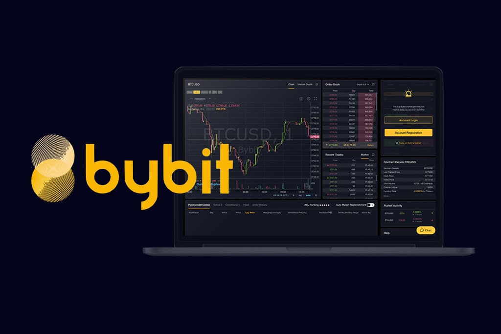 The image shows the Bybit logo to the left of a laptop screen displaying its trading platform interface with cryptocurrency market data. The screen features a price chart, order book, trade history, and other trading tools. For an in-depth Bybit review, note the platform's comprehensive layout. The background is dark.