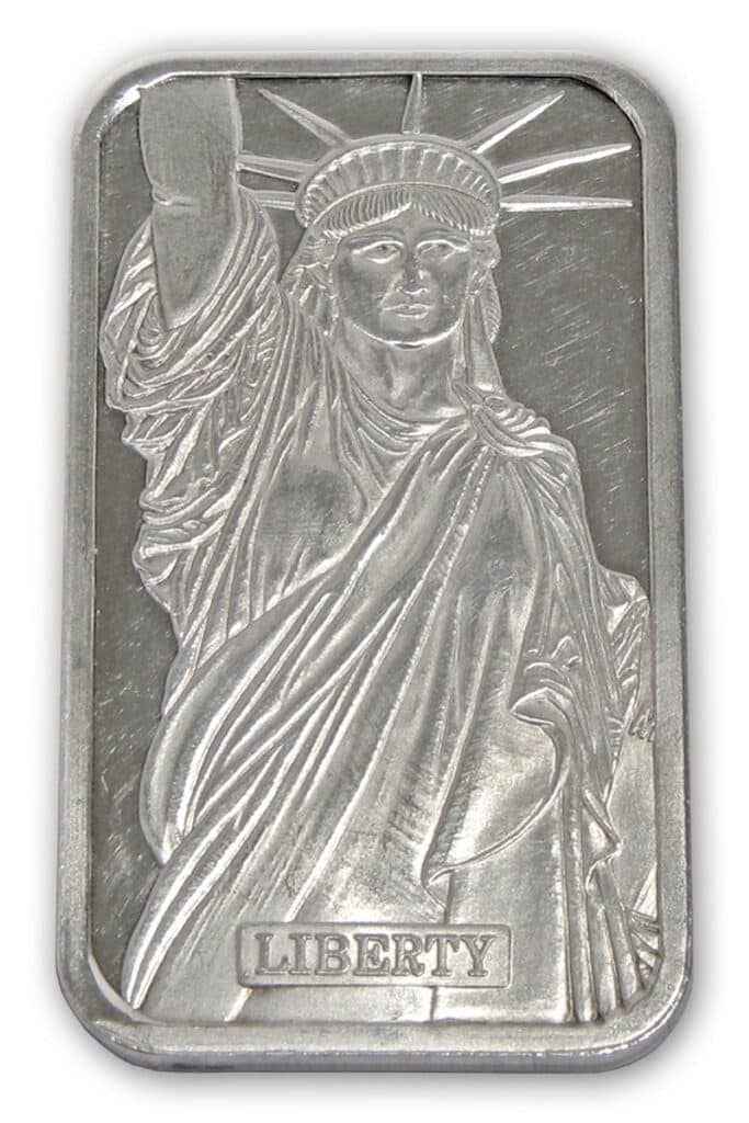 A rectangular silver bar featuring an embossed image of the Statue of Liberty. The word "LIBERTY" is inscribed at the bottom, showcasing a hallmark reminiscent of JP Morgan's illustrious heritage.