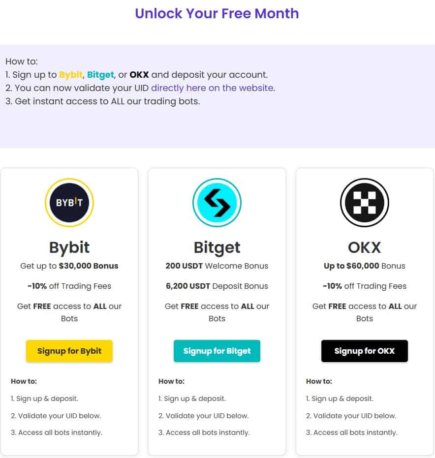 A promotional comparison chart for Bybit, Bitget, and OKX exchanges by OnwardBTC, listing bonuses, trading fee discounts, and bot access. Each section features a signup button with a simple three-step signup process.