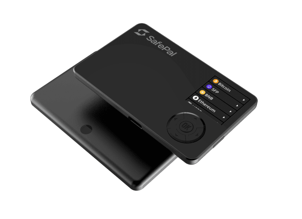 A close-up of two stacked cryptocurrency hardware wallets with a sleek black design, considered among the best crypto wallets. The top wallet displays icons and text for Bitcoin, BNB, and Ethereum. The branding 
