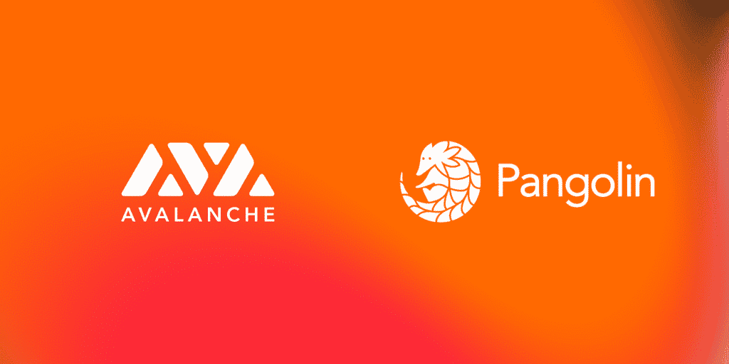The image features two logos on an orange background. On the left is the Avalanche logo accompanied by the text "Avalanche," and on the right is the Pangolin logo with the text "Pangolin." Both platforms are well-known in the yield farming space, offering users profitable opportunities.