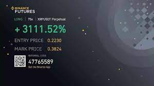 A Binance Futures trading screen displays a long position on XRP/USDT Perpetual with a return of +3111.52%. Entry price is 0.2230 and mark price is 0.3824. Learn how to trade on Binance futures and maximize returns. There's a QR code and referral code 47765589 on the bottom left corner.