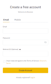 Screenshot of a "Create a free account" registration form for Binance. The form includes options to enter an email address or mobile number, followed by fields for email, password, and an optional referral ID. There is a checkbox for agreeing to terms and a "Create Account" button to start learning how to trade on Binance futures.