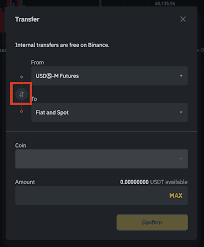 Screenshot of a Binance transfer interface demonstrating how to trade on Binance futures. It shows options to transfer funds from "USDⓈ-M Futures" to "Fiat and Spot," with fields for selecting the coin and entering the amount, and a "Confirm" button at the bottom.