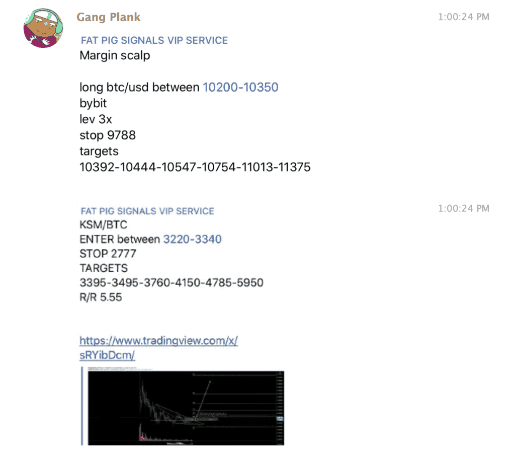 Screenshot of a messaging app displaying Fat Pig Signals for cryptocurrency trading, featuring USD, bybit, and KSM/BTC with precise entry, stop, and target values. A link to a chart is included at the bottom. Profile pictures and names are visible throughout.