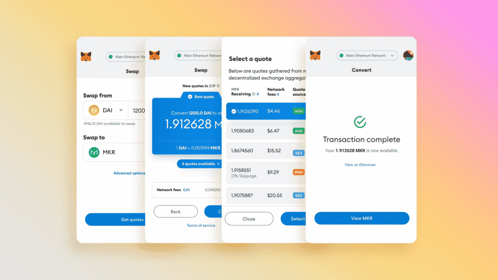 A digital interface shows a step-by-step NFT swap process, including options to swap DAI for MKR, select a conversion quote, confirm the transaction, and view related NFTs associated with your assets.