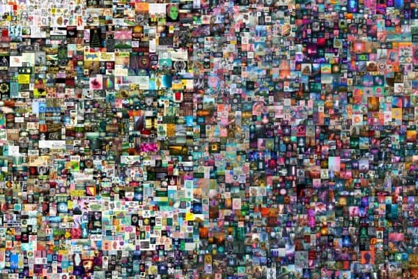 A densely packed mosaic of hundreds of small, colorful digital images and NFT artworks, arranged in a grid to form a large, abstract collage with varied colors and styles throughout.