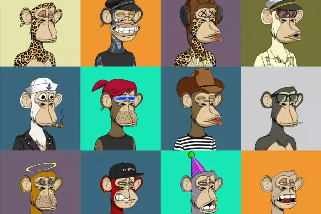 A grid of twelve illustrated cartoon monkeys, each with unique outfits and accessories like hats, glasses, and animal prints, showcases playful expressions. These vibrant characters are perfect for NFTs against colorful backgrounds.