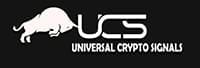 Logo featuring a white silhouetted bull on the left, followed by the bold letters "UCS" with "Universal Crypto Signals" elegantly displayed below, all set against a sleek black background.