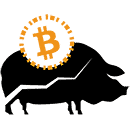 Silhouette of a pig with an orange Bitcoin symbol above it, resembling a coin. The Bitcoin logo includes the letter "B" with two vertical lines. The image hints at cryptocurrency savings or investment, aligning with the concept of Melhores Sinais de Cripto for optimal trading strategies.