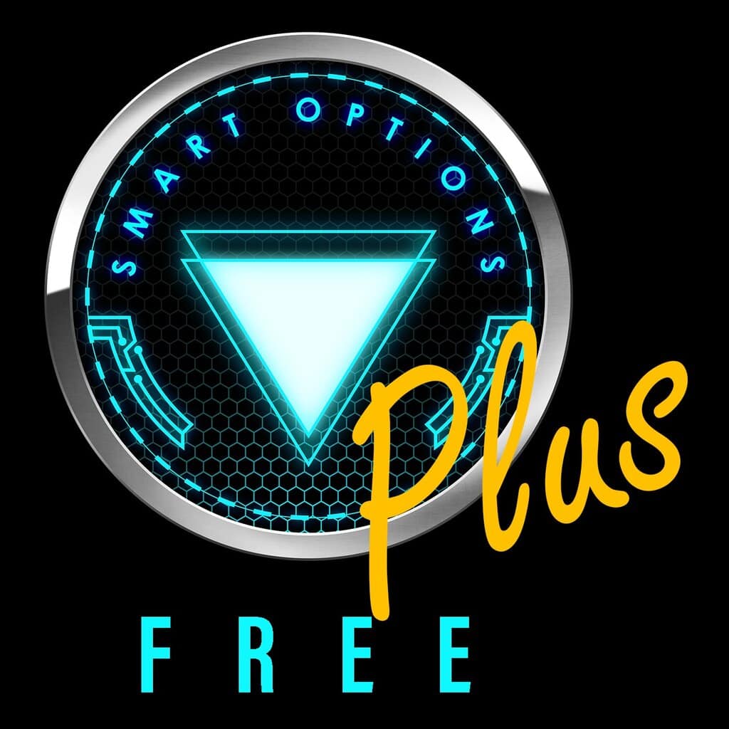 A circular digital emblem with a glowing blue triangle in the center, labeled "Smart Options." The word "Plus" is in yellow script, and "FREE CRYPTO SIGNALS" appears below in blue capitals on a black background.